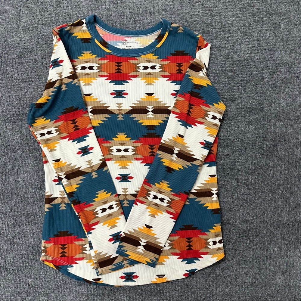 No Boundaries Shirt Womens Size XL Multicolor Southwestern Ribbed Long Sleeve